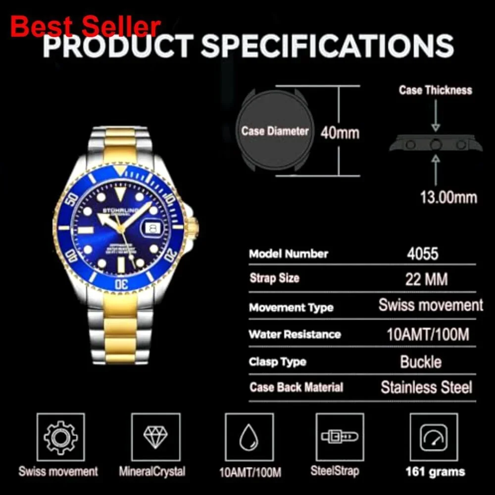 Men's Dive Watch Swiss Quartz Movement Stainless Steel Bracelet Water Resistant